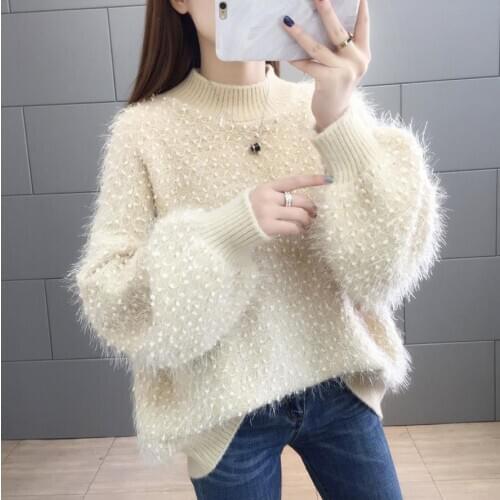 White Mohair Fur Knitted Sweater Women Pullovers 2020 New Winter Fashion Shiny Soft Warm Jumper Female Loose Sweater Casual Tops