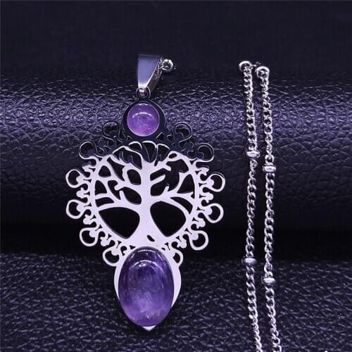 Bohemia Tree of Life Stainless Steel Purple Crystal Necklace Wmen Silver Color Necklace Charm Vacation bijuteria N4334S04
