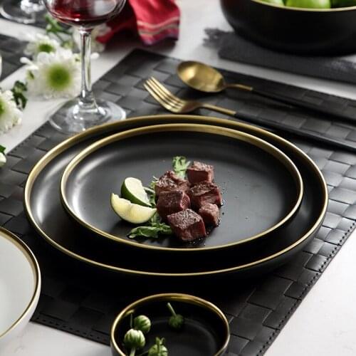 Black Ceramic Dinner Plate Dishes White Porcelain Plates and Bowls Set Dinnerware Set Salad Noodles Bowl for Kitchen Restaurant