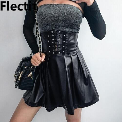 Flectit Black Faux Leather Lace-Up High Waist Pleated Mini Skirt With Zipper Women‘ Skirt Kpop Goth Punk Girl Style