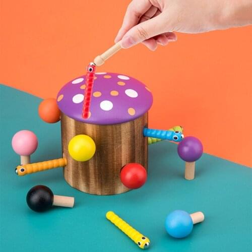 Wooden Toys Mushroom Catch Worms Game Mushrooms Inserted Blocks Educational Toy For Children Baby Learning Wooden Blocks