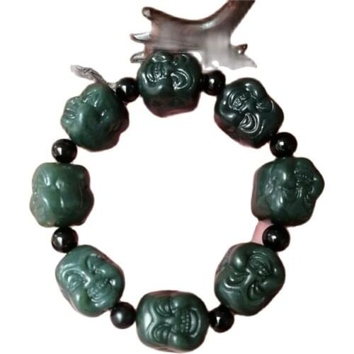 Hetian jade Buddha head Bracelet mens double-sided carving Laughing Buddha domineering Luohan Bracelet string