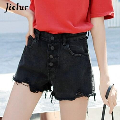 Jielur Fashion Casual Summer Black Jeans Shorts Women High Waist Scratch Denim Shorts Summer Cool Loose Button Hot Short Jeans