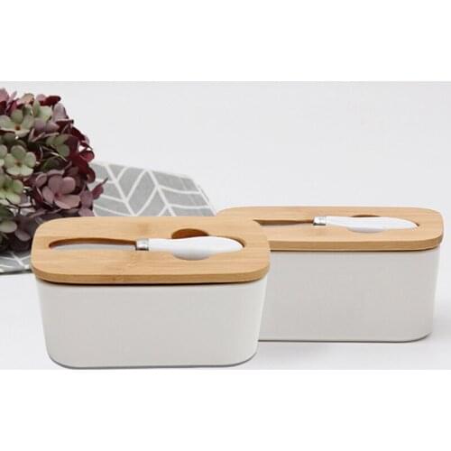 Creative Ceramic Butter Plate Nordic Butter Sealing Box with Wood Lid and Knife Cheese Storage Tray Dish White Container Box