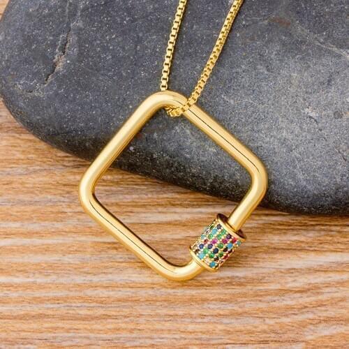 Hot Sale Square Lock Screw Clasp Carabiner Necklace Pendant Copper Zircon Women Jewelry Gift Micro Pave CZ Chains Necklaces