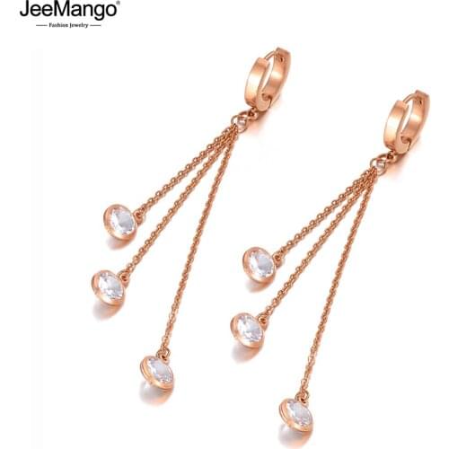 JeeMango Trendy Rose Gold Stainless Steel Long Tassel Drop Earrings For Women Bohemia CZ Crystal Dangle Earrings Jewelry JE20074