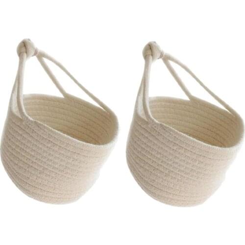 2 Pcs Wall Hanging Storage Basket Cotton Rope Basket Small Storage Basket Baby Nursery Organizer Bin for Toy Keys(White)