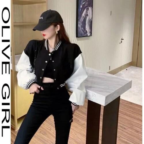 2021 New Black Jacket Fashion Baseball Jacket Womens Korean Loose Contrast Short Sports Jacket Spring