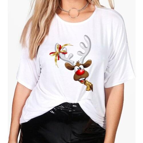 Autumn Harajuku New Tshirt Funny Happy Kawaii Reindeer Graphic Women T-shirt Streetwear Merry Christmas Style T Shir