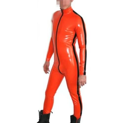 Handmade Rubber Latex Mens Catsuit With Black Strips Front Zip Sexy Latex Tights Bodysuit