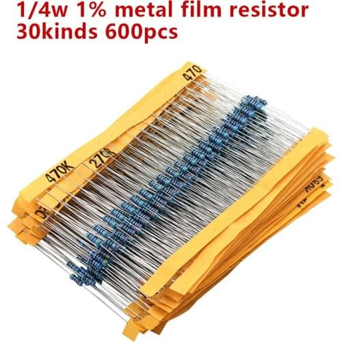 600pcs/set 30 Kinds 1/4W Resistance 1% Metal Film Resistor Pack Assorted Kit 1K 10K 100K 220ohm 1M Resistors