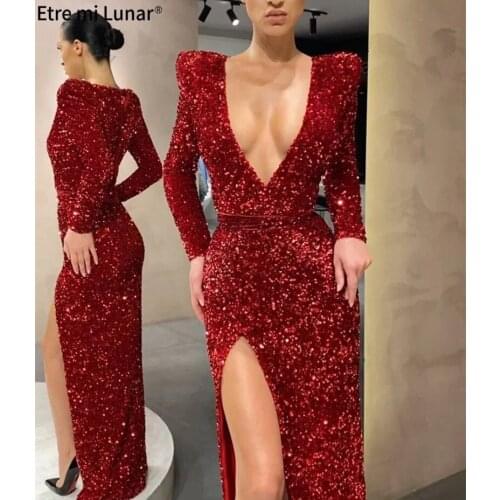 Red Deep-V Sequined Luxury Sexy Evening Dresses 2020 Long Sleeve Sparkle Mermaid Formal Dress vestido de noche LE40737
