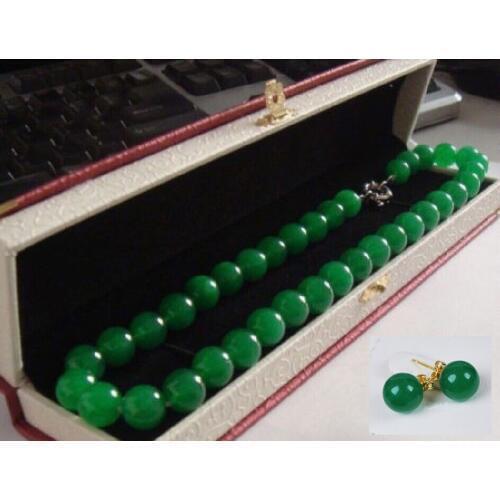 Made in China 18ELEGANT HUGE 12MM NATURAL CIRCULAR AAA+++ GREEN stone NECKLACE-earring gift
