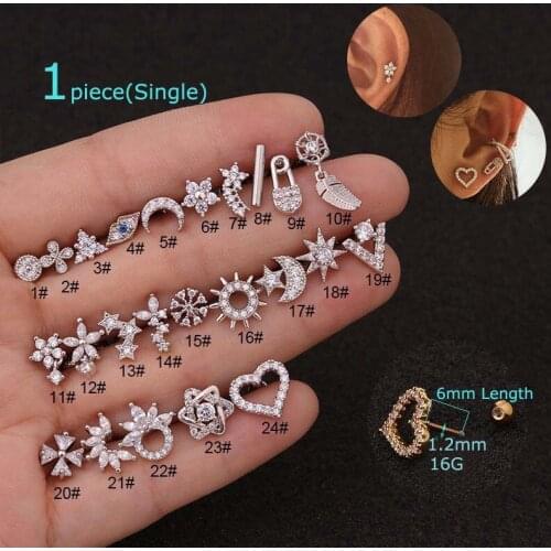 1piece Stainless Steel Cartilage Tragus Earring 16G Fit Helix Pinna Rook Lobe Piercing