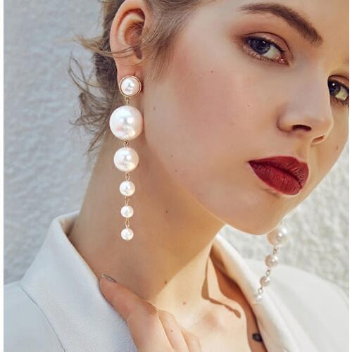 New Trendy Elegant Created Big Simulated Pearl Long Earrings Pearls String Statement Dangle Earrings For Wedding Party Gift
