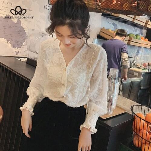 Bella philosophy Spring New Tassel feather chiffon shirt Feminine Elegant White V-neck Long Sleeve Trumpet sleeve Loose cardigan