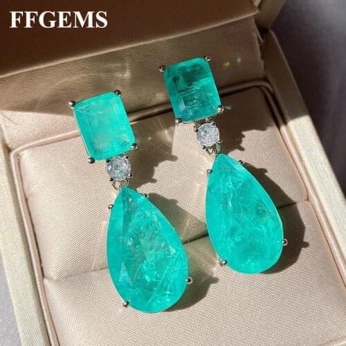 FFGems Brazilian Paraiba Emerald Tourmaline silver Earring Created Blue stone Square for Women Fine Jewelry wholesale Party Gift