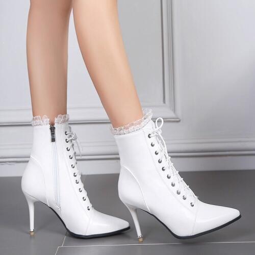 PXELENA Design Elegant Ruffles Bride Wedding Boots White Lace Up Side Zipper Stiletto High Heels Ankle Boots Women Shoes Fashion