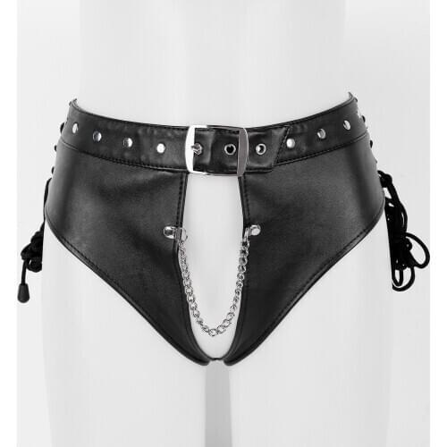 Womens PU Leather Crotchless Open Crotch Briefs Exotic Panties Lingerie Underwear Punk Lace-up Underpants Nightclub Pole Costume