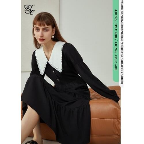 FANSILANEN Clothing Women Doll Collar Temperament Long Sleeve Dress Woman Dress Vintage Cake Skirt Black Dress Contrast Dresses