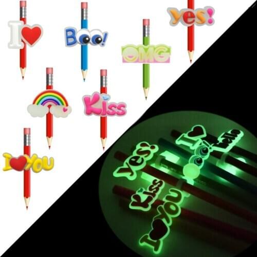 8pcs Hot Fashion Words PVC Pencil Toppers Glowing in the Dark Pencil Caps Rainbow Pen Cover Straw Charm Stationery Kids Gift
