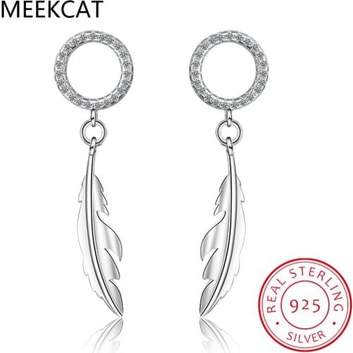 925 Sterling Silver Piercing Crystal Round Feather Shape Drop Earrings for Women Gift Jewelry female Ear pendientes