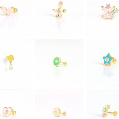 CANNER S925 Silver Earrings With Cute Pink Zircon Drip Oil Love Star Piercing Cartilage Ear Bone Earrings Pendientes plata 925