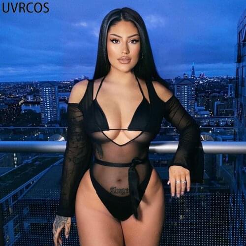 UVRCOS Bodysuits Women Clothes Summer Mesh Perspective Hollow Out Sexy Bodysuit Wih Crop Bra Suits 2021 Hot Streetwear Jumpsuits