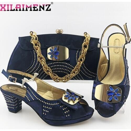 New Arrival Summer Dark Blue Color Sandals Shoes And Bags Set Fashion African Women High Heels Shoes And Bag Set For Wedding
