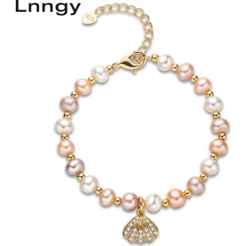 Lnngy 14K Gold Filled 4.5-6.5mm Natural Cultured Freshwater Pearl Lovely Shell Charm Bracelet Women Jewelry Gifts
