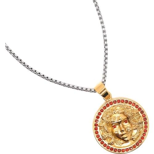 Unisex 316L Stainless Steel Cool Gold-Color Medusa Red Stone Pendant Chain