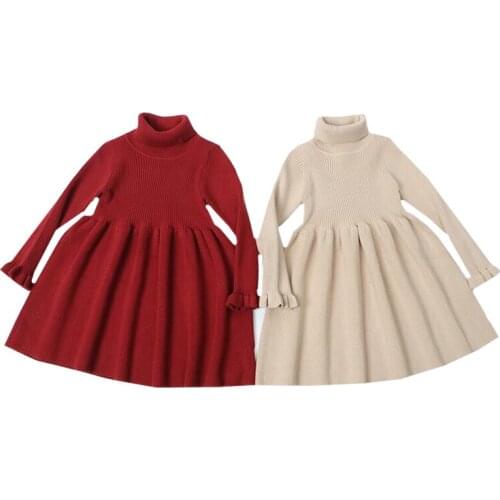Korean Style Kids High Collar Wool Dress Baby Girls Knitted Long Sleeve Dress Autumn Winter Baby Girls Princess Dress