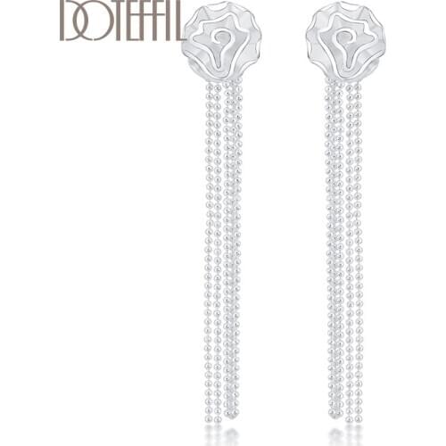 DOTEFFIL 925 Sterling Silver Romantic Rose Flower Earrings for Women Fashion Smooth Bead Chain Silver Jewelry