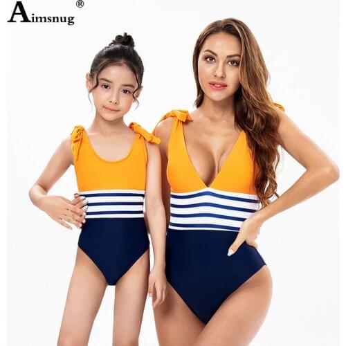 European Style 2021 Matching Family Mother Girl Patchwork Stripes Swimsuit Women &Kids One-piece Swimwear Sexy V-neck Beachwear