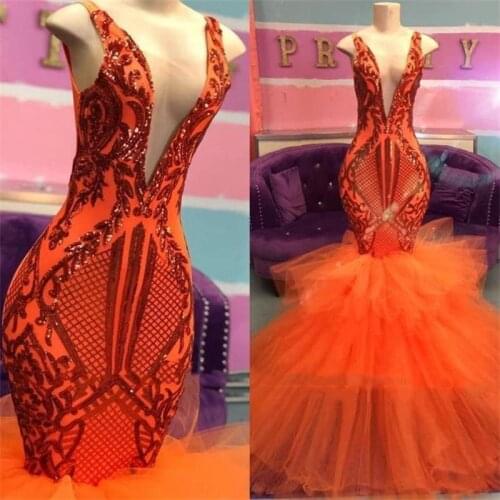 Tulle Puffy Train Orange Prom Dress Sleeveless Deep V Neck African Black Girls Evening Wear Dress Lace Sequins Plus Size Gowns