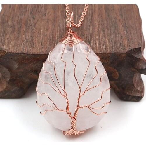 FYSL Rose Gold Colors Wire Wrap Clear Quartz Water Drop Pendant Labradorite Stone Necklace Tree of Life Jewelry