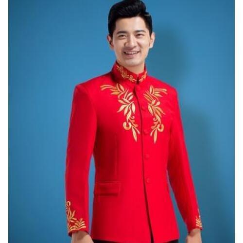 Chinese tunic blazer men formal dress latest coat pant red suit men stand collar embroidery marriage wedding suits for mens