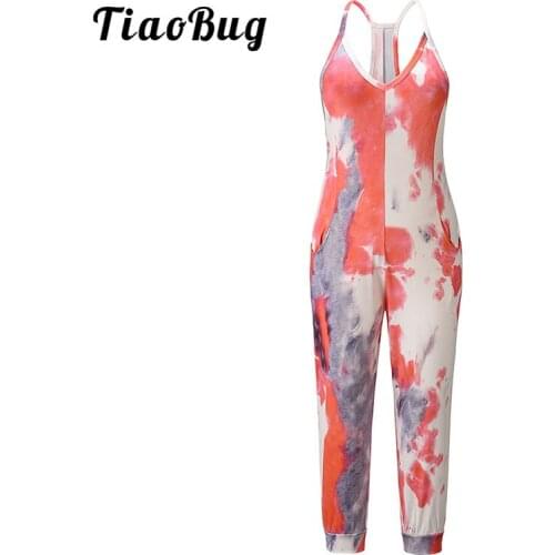 Casual Colorful Tie-dye Jumpsuit Women Summer Adult Overalls Bodysuit Spaghetti Straps V Neck Sleeveless Romper Pockets Playsuit
