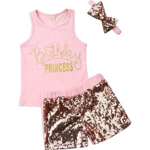 3PCS Kid Baby Girls Outfits Summer Clothes Sets Letter Sleeveless T-shirt Tops+Sequin Shorts Clothes