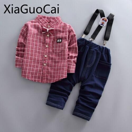 Boys Clothes Suits 2018 Autumn Long-sleeved Suits Kids Childrens Plaid Shirt Strap Childrens Suit Boutique Kids Clothing Sets