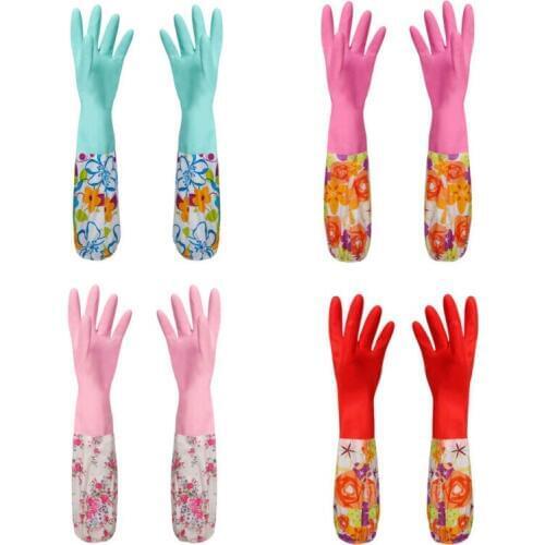 Kitchen Wash Dishes Long Sleeve Rubber Velvet Lining Waterproof Household Glove