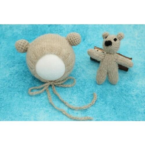 Lovely Bear Toy Bonnet Set Knit Newborn Bear Bonnet For Newborn Session Photography Props Beige Stuffed Bear Baby Girl Hat