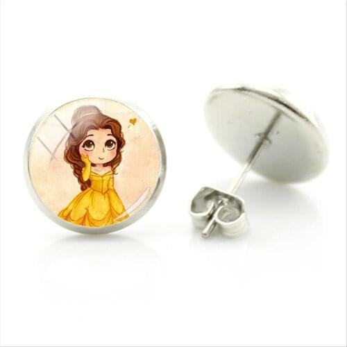 Disney Cute Q Version Princess Pattern Earrings Le Pei And Merida Picture Glass Cabochon New Earrings For Women