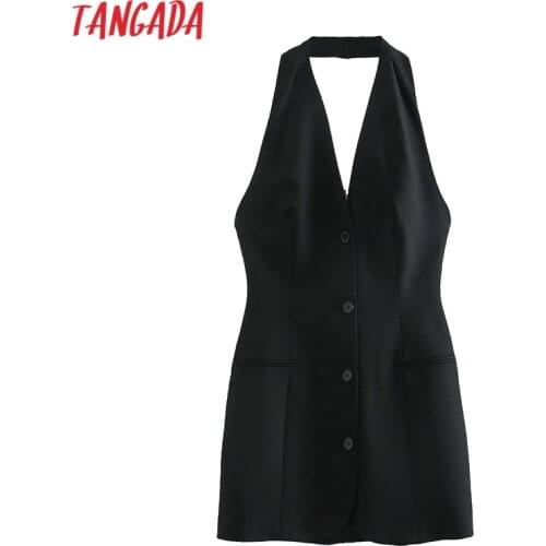 Tangada Fashion Women Solid Blackless Party Dress New Arrival Sleeveless Ladies Short Halter Dress Vestidos CE47