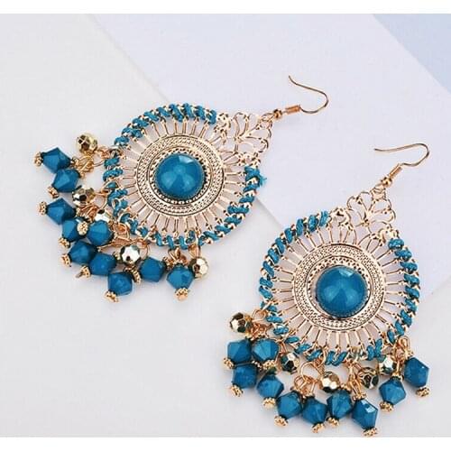 Fashion Jewelry Women Boho Earrings Black Red Enamel Beads Rhinestone Exaggerated Disc Tassel Drop Earrings Pendientes
