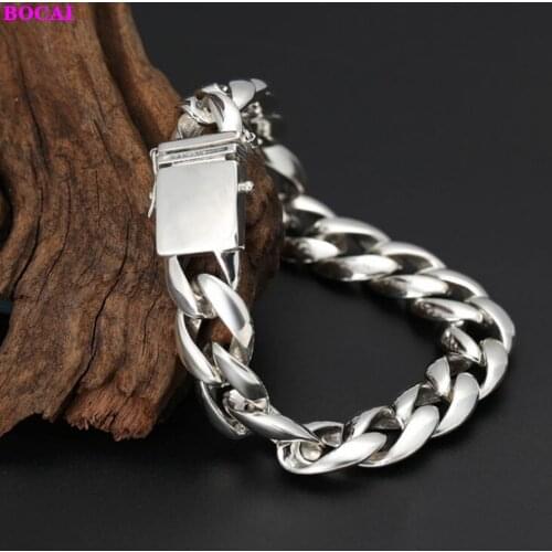 BOCAI 100% S925 Sterling Silver Bracelets For Man Fashion Domineering Thai Silver Simple Thick Hand Chain Pure Argentum Bangle