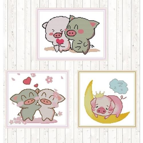 Couple Pig 14ct 11ct Count Print Canvas Needlework Embroidery Cross Stitch Sets DMC Cotton Thread Printed Canvas DIY Handmade