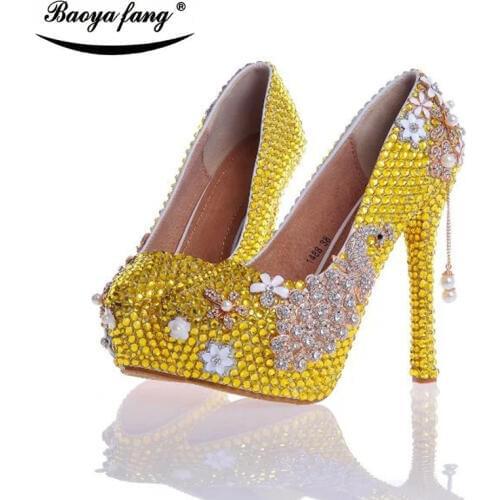 BaoYaFang New arrival Yellow crystal Peacock wedding shoes womens High heels platform shoes Laidies High Pumps female shoes