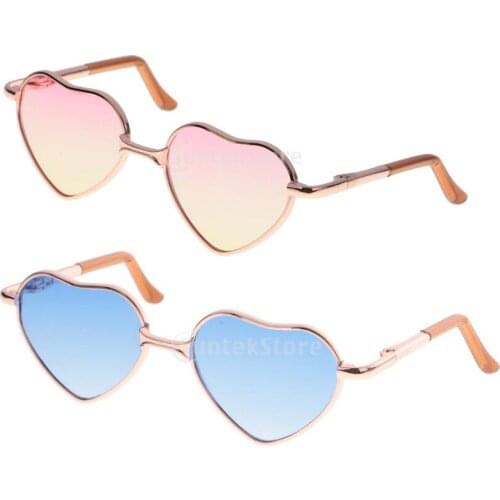 2 Pair Cute Gradient Colored 1/6 Heart Shaped Doll Glasses For 12 inch Blythe Doll Gold Frame, Pink+Blue