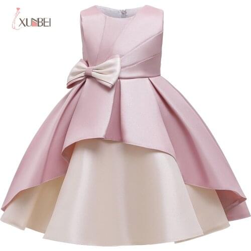 Xubei Flower Girl Dress Soft Satin 4-9Years Home Coming Dress Family Party Dress Hi-Low Bow Spliced Gown Birthday Pincess Cloths